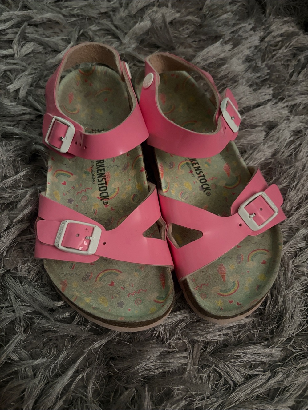 Birkenstock Kids Pink Buckle Sandals with Rainbow Insole Pattern